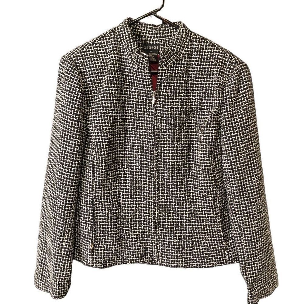 George Women's Boucle Basketweave Jacket Black/White Zip-up Long Sleeve Red Lini
